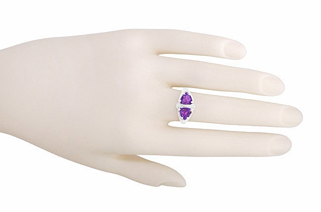 Art Deco Loving Duo Filigree 2 Stone Amethyst Ring in Sterling Silver - Item: R1123AM - Image: 6