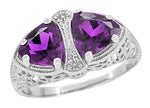 Art Deco Loving Duo Filigree 2 Stone Amethyst Ring in Sterling Silver