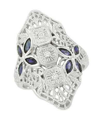 Art Deco Blue Sapphire and Cubic Zirconia Filigree Navette Ring in Sterling Silver