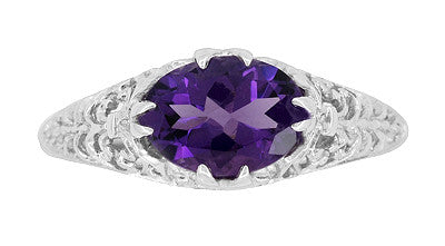 Edwardian Filigree East West Oval Amethyst Promise Ring in Sterling Silver | 1.20 Carat - Item: R1125A - Image: 4