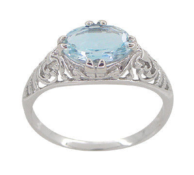 Edwardian Filigree 1.30 Carat Oval Blue Topaz Promise Ring in Sterling Silver - Item: R1125BT - Image: 4