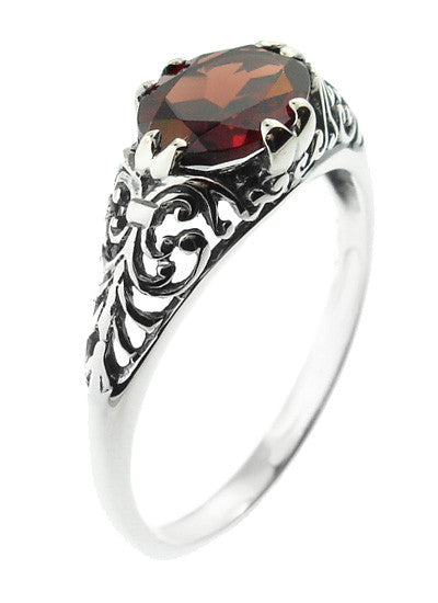 Edwardian Filigree Oval Almandine Garnet Promise Ring in Sterling Silver - Item: R1125G - Image: 3