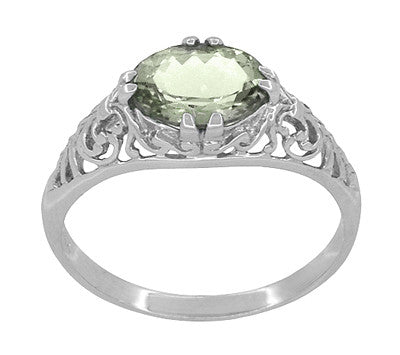 Edwardian Vintage Style Filigree Oval Green Amethyst Promise Ring in Sterling Silver | Prasiolite - Item: R1125GA - Image: 3