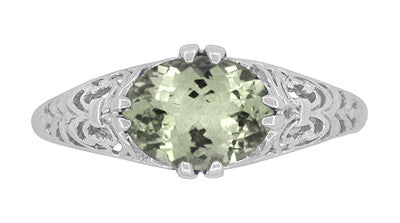 Edwardian Vintage Style Filigree Oval Green Amethyst Promise Ring in Sterling Silver | Prasiolite - Item: R1125GA - Image: 5