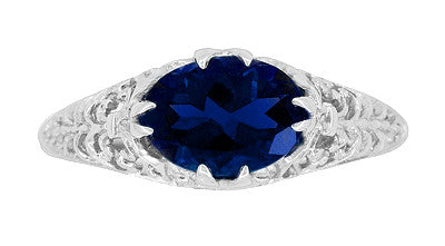 Oval Lab Created Blue Sapphire Filigree Edwardian Promise Ring in Sterling Silver - 1.25 Carats - Item: R1125S - Image: 4