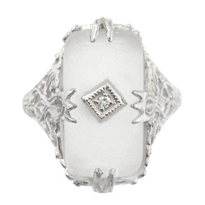 Art Deco Filigree Camphor Crystal Ring with Diamond Center in 14 Karat White Gold - Item: R1126 - Image: 3