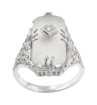 Art Deco Filigree Camphor Crystal Ring with Diamond Center in 14 Karat White Gold - alternate view