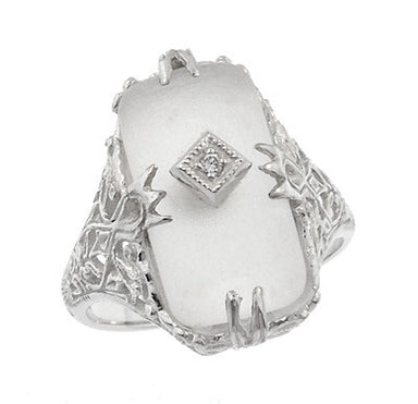 Art Deco Filigree Camphor Crystal Ring with Diamond Center in 14 Karat White Gold