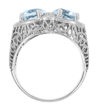Art Deco Loving Duo Filigree Blue Topaz 2 Stone Ring in 14 Karat White Gold - Item: R1129 - Image: 3