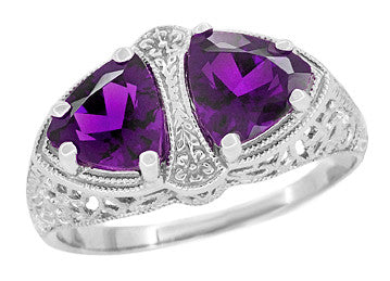 Art Deco Filigree Antique Two Birthstone East to West Amethyst Ring in White Gold - February Birthstone - R1129AM