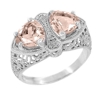 Art Deco Filigree Loving Duo East West Morganite Ring in 14 Karat White Gold