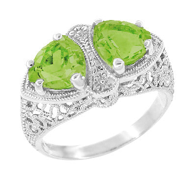 Art Deco Vintage Filigree Toi et Moi Peridot Engagement Ring - Two Stone - R1129WPER