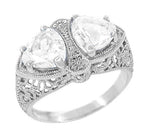 Art Deco Filigree White Topaz Loving Duo Ring in 14 Karat White Gold