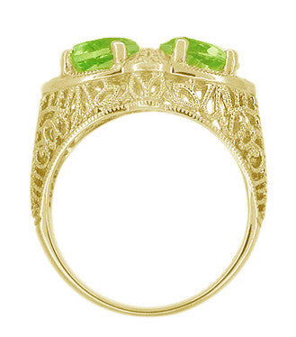 Art Deco Filigree Peridot Loving Duo Ring in 14 Karat Yellow Gold - Item: R1129YPER - Image: 2