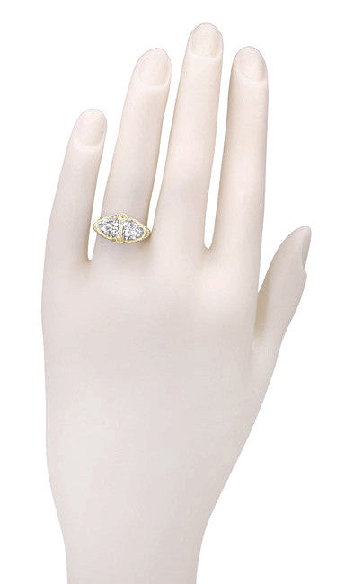 Yellow Gold Art Deco Filigree White Topaz Loving Duo Ring - Item: R1129YWT - Image: 4