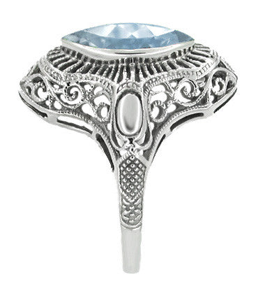Art Deco Aquamarine Filigree Cocktail Ring in 14 Karat White Gold - Item: R1130 - Image: 3
