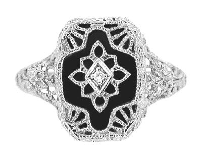 Art Deco 14 Karat White Gold Filigree Onyx and Diamond Ring - Item: R1140 - Image: 3