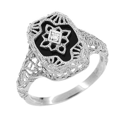 Art Deco 14 Karat White Gold Filigree Onyx and Diamond Ring