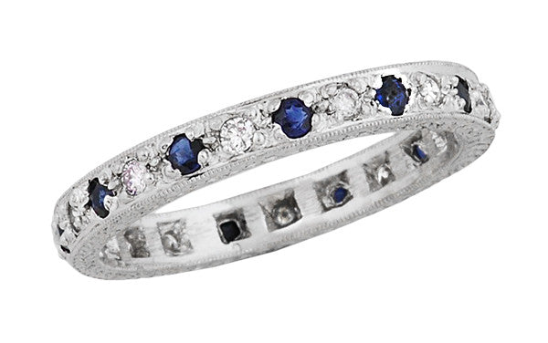 Art Deco Eternity Vintage Blue Sapphire and Diamond Wedding Band in Platinum