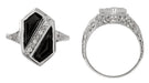 Art Deco Black Onyx and Diamond Shield Filigree Ring in 14 Karat White Gold