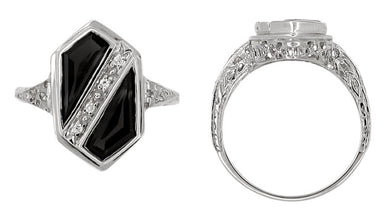 Art Deco Black Onyx and Diamond Shield Filigree Ring in 14 Karat White Gold - alternate view