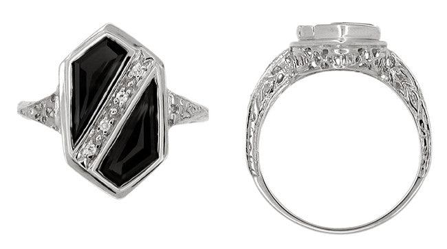 Art Deco Black Onyx and Diamond Shield Filigree Ring in 14 Karat White Gold - Item: R1145 - Image: 2