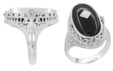 Edwardian Filigree Flip Ring with Carnelian Shell Cameo, Black Onyx and Diamonds in 14 Karat White Gold - alternate view