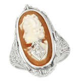 Edwardian Filigree Flip Ring with Carnelian Shell Cameo, Black Onyx and Diamonds in 14 Karat White Gold