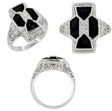 Art Deco Filigree Happy Family 4 Stone Black Onyx and Diamond Filigree Ring in 14 Karat White Gold - alternate view