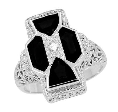 Art Deco Filigree Happy Family 4 Stone Black Onyx and Diamond Filigree Ring in 14 Karat White Gold
