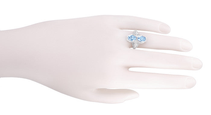 Art Deco Love Duet Two Stone Blue Topaz Filigree Ring in 14 Karat White Gold - Item: R1151BT - Image: 3