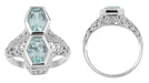 Art Deco Love Duet Two Stone Blue Topaz Filigree Ring in 14 Karat White Gold