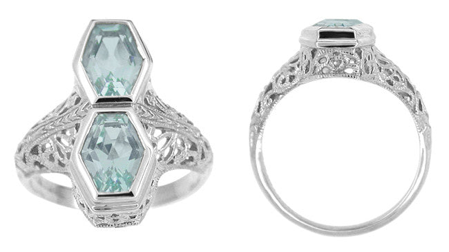 Art Deco Love Duet Two Stone Blue Topaz Filigree Ring in 14 Karat White Gold - Item: R1151BT - Image: 2