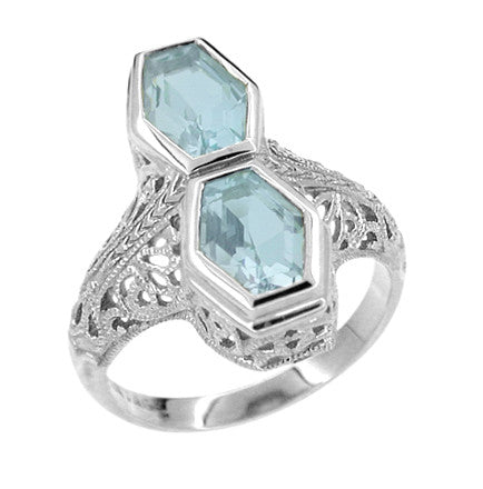 Art Deco Love Duet Two Stone Blue Topaz Filigree Ring in 14 Karat White Gold