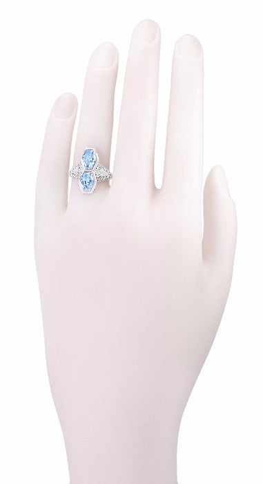 Love Duet Filigree 2 Stone Blue Topaz Vintage Statement Ring Design in Sterling Silver | Art Deco - Item: R1151SBT - Image: 4