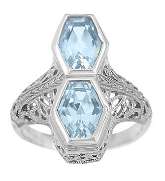 Love Duet Filigree 2 Stone Blue Topaz Vintage Statement Ring Design in Sterling Silver | Art Deco - Item: R1151SBT - Image: 2