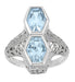 Love Duet Filigree 2 Stone Blue Topaz Vintage Statement Ring Design in Sterling Silver | Art Deco