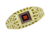Art Deco Egyptian Motif Filigree Garnet Ring in 14 Karat Yellow Gold