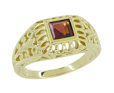 Art Deco Egyptian Motif Filigree Garnet Ring in 14 Karat Yellow Gold - alternate view