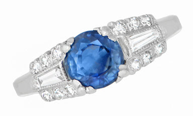 Belden Cornflower Vintage Platinum Sapphire Engagement Ring with Side Baguette Diamonds - alternate view