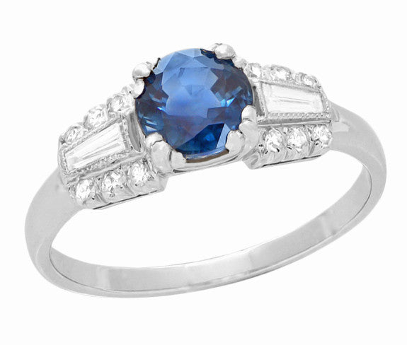 Belden Cornflower Vintage Platinum Sapphire Engagement Ring with Side Baguette Diamonds - Item: R1156 - Image: 3