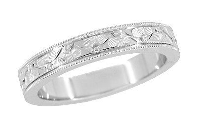 Mens Art Deco Antique Style Engraved Floral Millgrain Edged Wedding Ring in 18K or 14K White Gold | 4mm