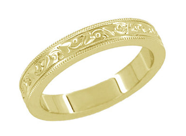 Vintage Yellow Gold Gender Neutral Wedding Band with Hand Carved Flowers and Leaves in 18K or 14K - R1160Y
