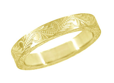 Western Engraved Scrolls & Leaves Antique Style Wedding Band in Yellow Gold - 5mm Wide
