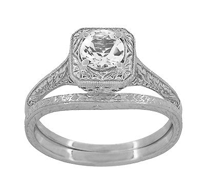 Platinum Art Deco Engraved Wheat Curved Thin Wedding Ring - Item: R1166P - Image: 4