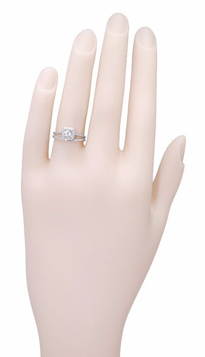 Art Deco Engraved Wheat Thin Curved Wedding Ring in 14 Karat White Gold - Item: R1166W - Image: 3