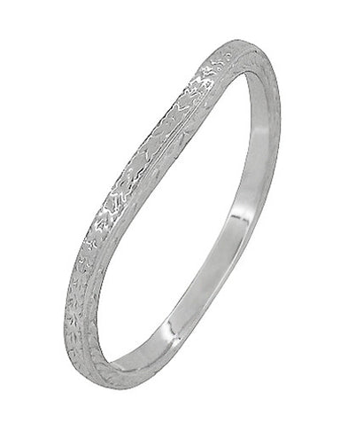 Art Deco Engraved Wheat Thin Curved Wedding Ring in 14 Karat White Gold - alternate view