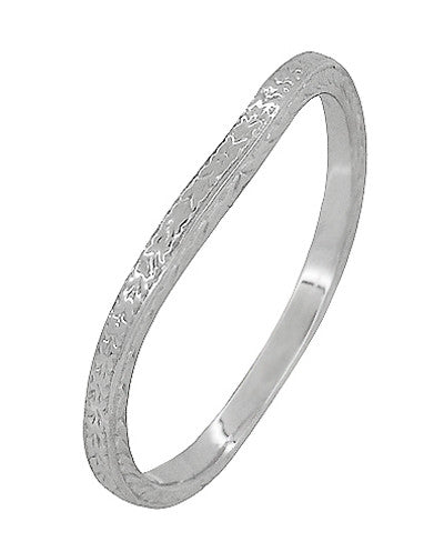 Art Deco Engraved Wheat Thin Curved Wedding Ring in 14 Karat White Gold - Item: R1166W - Image: 2