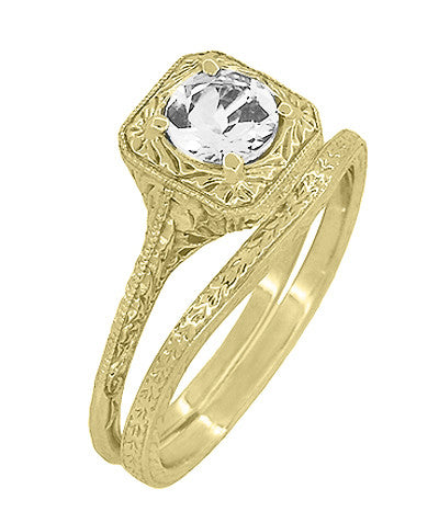 14 Karat Yellow Gold Art Deco Engraved Wheat Contoured Thin Wedding Ring - Item: R1166Y - Image: 4