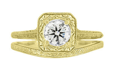 14 Karat Yellow Gold Art Deco Engraved Wheat Contoured Thin Wedding Ring - Item: R1166Y - Image: 6